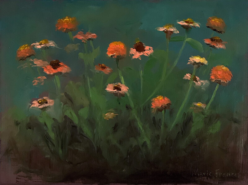 Wildflower Painting - Zinderella Peach Zinnias by Marie Frances