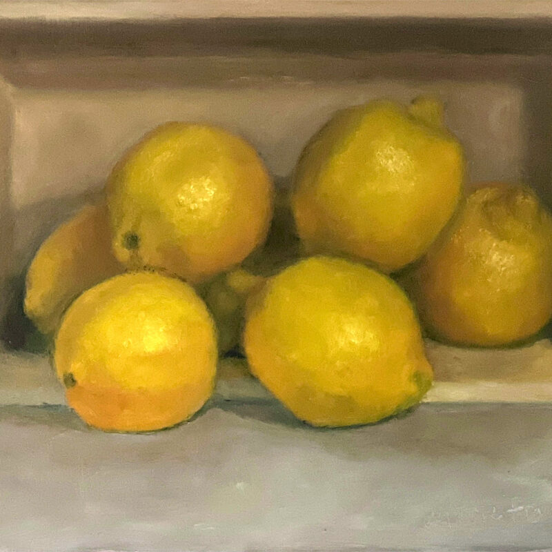 Still Life Oil Painting - Lemons in Bread Pan by Marie Frances Fine Art