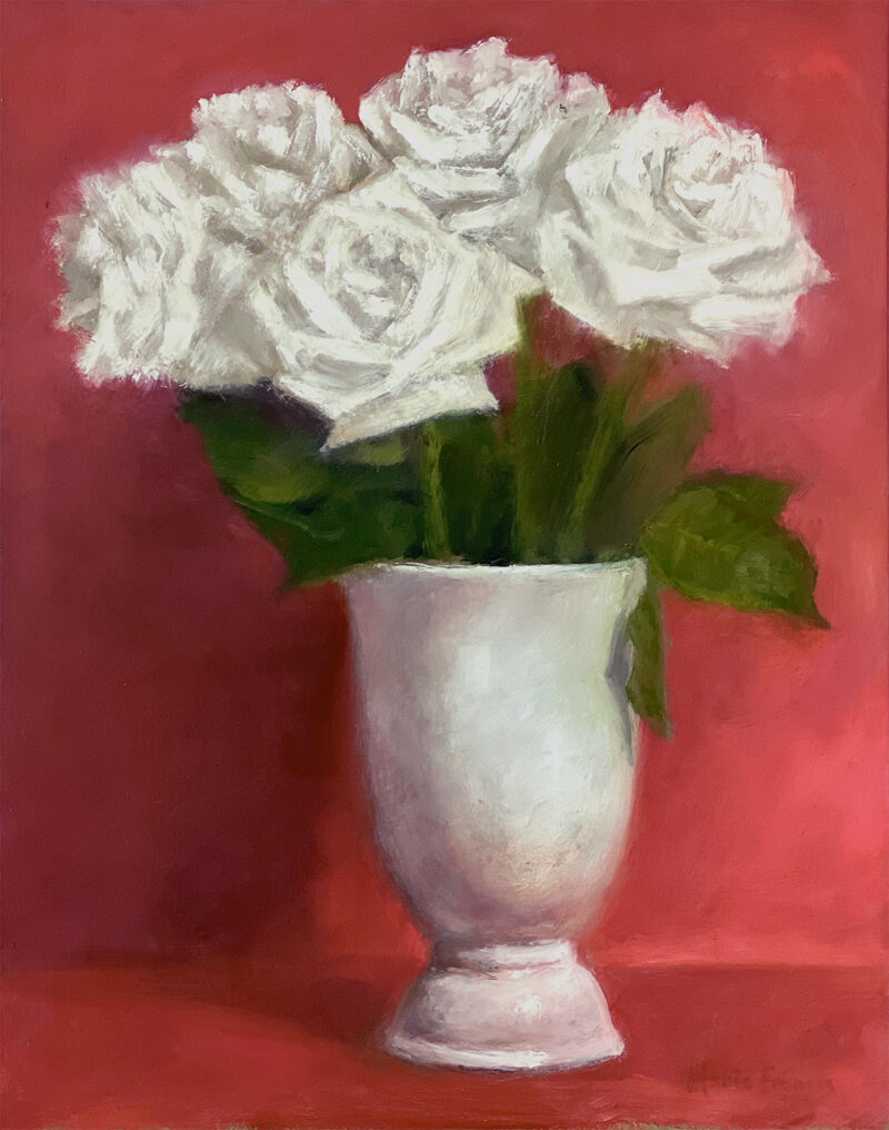 Roses Floral Painting - White Roses in Vase by Marie Frances Fine Art