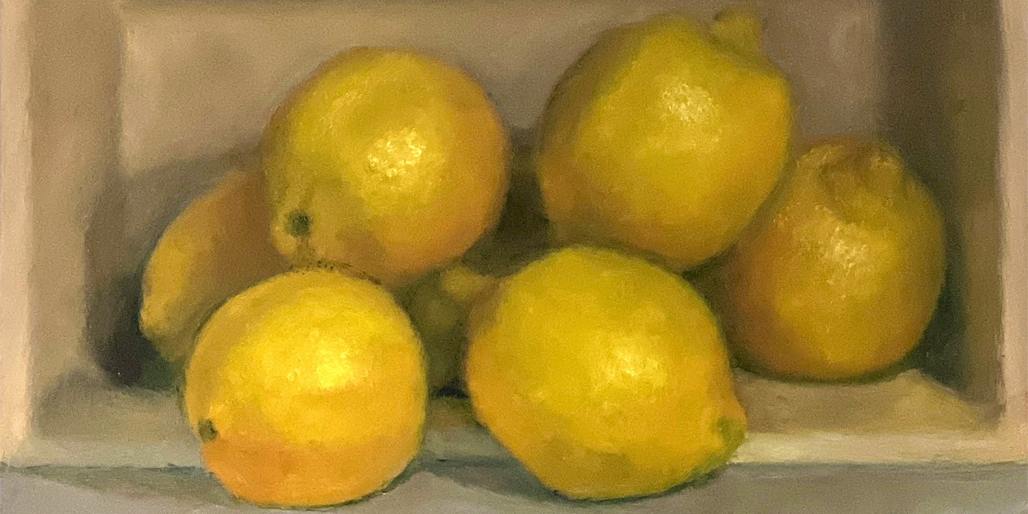 Still Life Oil Painting - Lemons in Bread Pan by Marie Frances Fine Art